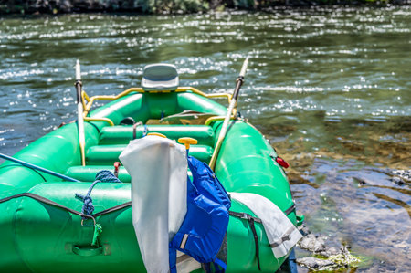 Whitewater inflatable raft sitting in the water ready to start a trip.の写真素材
