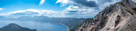 Panoramic view of Crater Lake and Wizard Island in Oregonの写真素材
