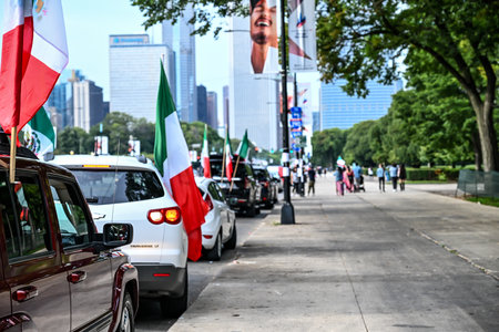 Chicago, Illinois, USA - 9.16.2023: Mexico Independence day being celebrated with flags along streetのeditorial素材