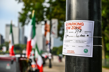 Chicago, Illinois, USA - 9.16.2023: Parking notice along a main street to control crowds during Mexico Independence day celebrationsのeditorial素材