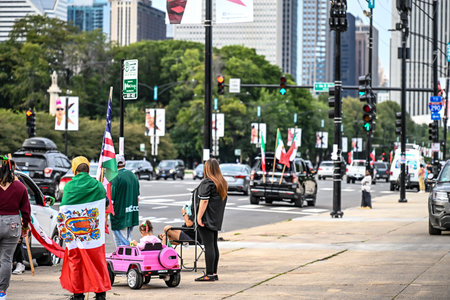 Chicago, Illinois, USA - 9.16.2023: Mexico Independence day being celebrated with flags along streetのeditorial素材