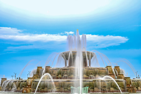 Chicago Buckingham fountain in Grant Park in the morning with cloud and blue sky.の写真素材