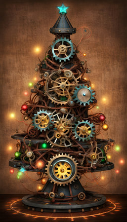 Generative AI illustration of steampunk Christmas tree with mechanicals gears lit up with multicolored lights.の素材