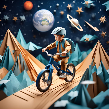 The Paper Parade: A Whimsical Journey of a Boy on a Bicycle. Generative AI.の素材