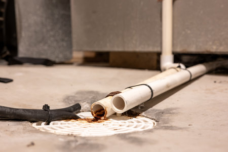 Selective focus on a residential house basement floor drain with furnace and water softener drain...