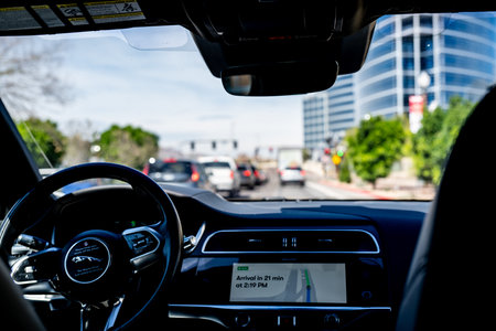Phoenix, Arizona, USA - 3.23.2024: Interior view of empty passenger seat of a Waymo self-driving car.のeditorial素材