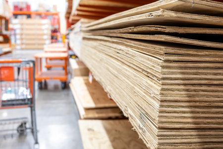 Selective focus on corner edge of stacked plywood at a lumberyard hardware store.