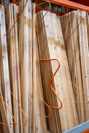 vertical lumber storage racks at a big box warehouse lumberyardの写真素材