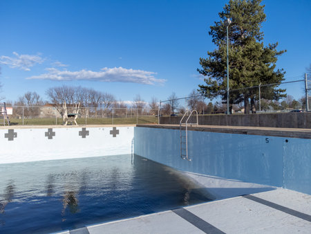 inside an empty and drained winterized swimming poolの写真素材