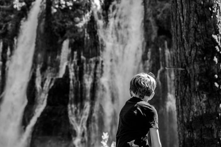 Boy looking out at McArthur-Burney Falls Memorial State Park cascading waterfall over a rock wall.