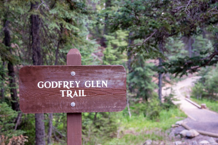 Entrance and sign post to Godfrey Glen Trail at Crater Lake National Park, Oregonの写真素材