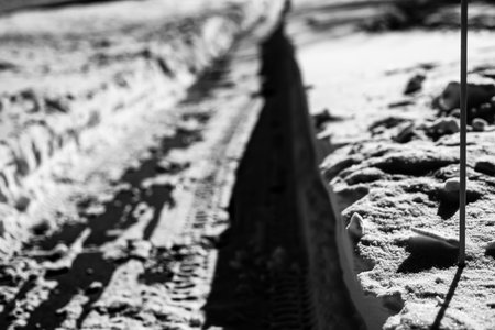Sidewalk with edge markers used for snow blowing guidesの写真素材