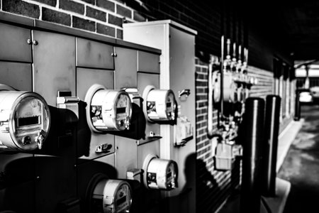 bank of electric meters outside of a strip mall