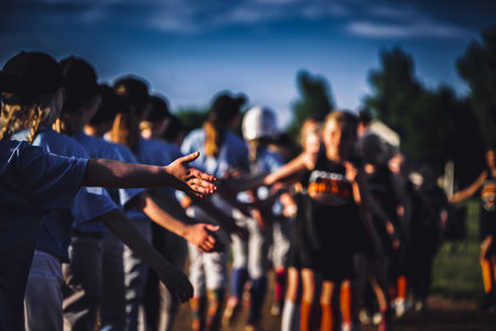 Two rows of youth girl softball players after a game giving high-fivesの写真素材