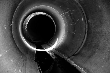 Inside a circular concrete drainage culvert with a trickle of waterの写真素材
