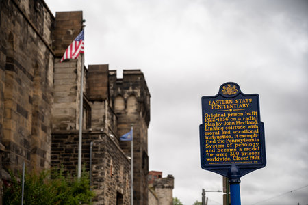 Fairmount Avenue entrance and historical marker at the Eastern State Penitentiary historic site.の写真素材