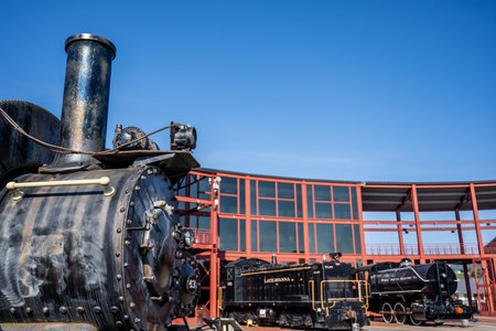 Selective focus on the front of a train at railyard of the Steamtown National Historic Site.