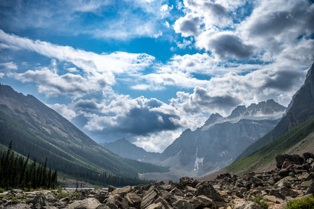 Expansive view of rocks in front of Consolation Lakes in Banff National Park in the Rocky Mountains of Alberta, Canadaの写真素材
