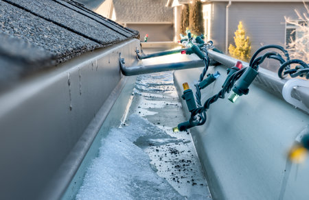 Ice and snow building up inside a rooftop gutter system on a residential house with Christmas lightsの写真素材