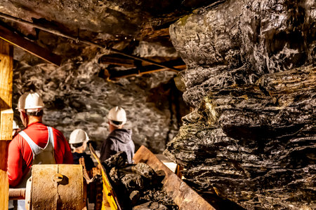 Selective focus on anthracite coal on a conveyer belt with defocused group in the Lackawanna Coal...