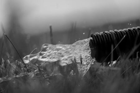 Residential sump pump drain line discharging water into grass yard after a rainstorm