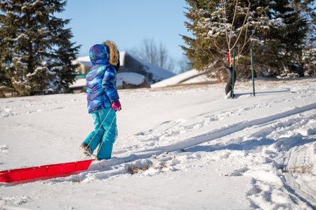Child pulling a sled up a snow covered hill covered with tracksの写真素材