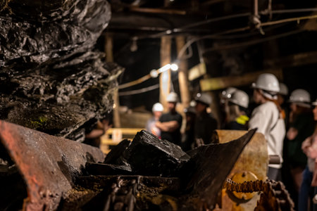 Selective focus on anthracite coal on a conveyer belt with defocused group in the Lackawanna Coal Mine Tour at McDade Park.の写真素材