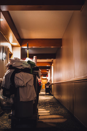 Hotel hallway with room service cleaning cart with supplies.の写真素材