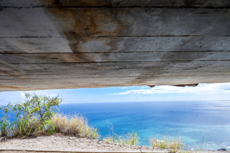 View from inside the concrete Battery 407 bunker at Diamond Head State Monument in Oahu, Hawaiiの写真素材