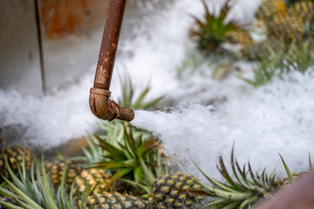 Pineapples at a production facility being washed after harvestの写真素材
