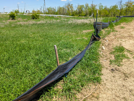 Sagging and damaged stormwater fabric silt fence at a construction siteの写真素材
