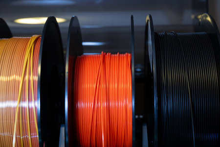 Selective focus on different colored spools of 3d printer filamentの写真素材