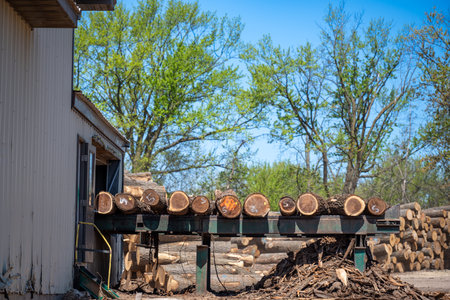 Row of rough cut timber logs on a roller belt at the headworks of a lumbermillの写真素材