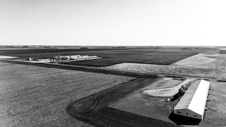Aerial view above a confined animal operation hog buildingの写真素材