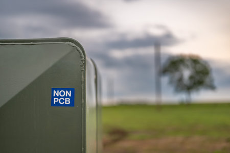 Utility box marked as non-PCB located in a green field with trees in the background during overcast...