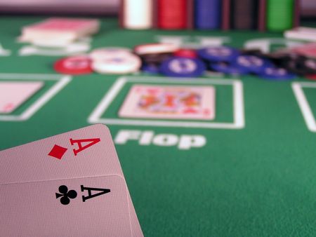 Two aces as a starting hand in a Texas Hold'em poker game.