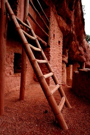 Ladder at cliff dwellings in Colorado Springsの写真素材