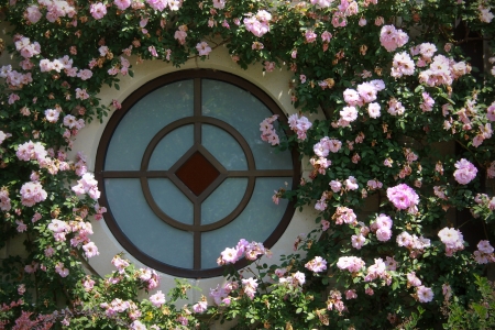 Unique round window surrounded by pink flowers.の写真素材
