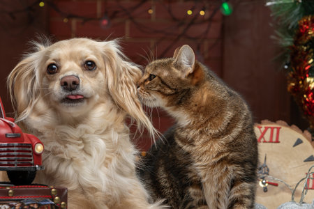 Funny cat and dog on the background of the Christmas tree and decorations.