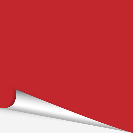 Page curl with shadow on blank sheet of paper. Red paper sticker. Element for advertising and promotional message isolated on white background. Vector illustration for your design and business.のイラスト素材
