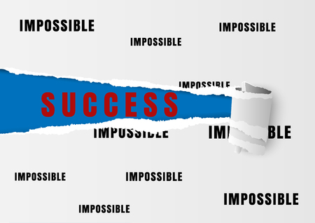 Against the current business concept as a metaphor for being impossible and  strategy solutions to a changing ideas as success text written under white torn paper filled with impossible text.のイラスト素材