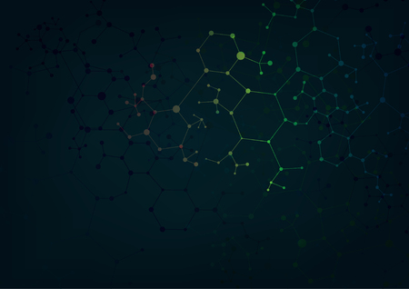 Array with dynamic moving particles. Node molecule structure. Science and connection concept. Techno Research, brain cells, neurons. Vector abstract background. DNAのイラスト素材