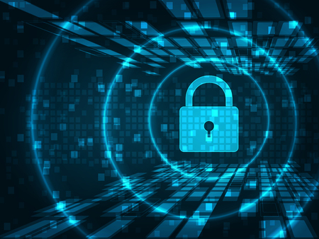 Cyber security concept: Padlock With Keyhole icon on digital data background. Illustrates cyber data security or information privacy idea. Blue abstract hi speed internet technology.のイラスト素材