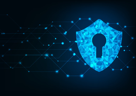 Cyber security concept: Shield With Keyhole icon on digital data background. Illustrates cyber data security or information privacy idea. Blue abstract hi speed internet technology.のイラスト素材
