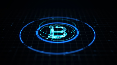 Abstract futuristic digital money with bitcoin digital currency on blue circuit board glowing electric lights background.の写真素材