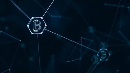 Bitcoin and block chain cryptocurrency concept with bitcoin currency sign on connecting lines. Digital encryption network for world money.の写真素材
