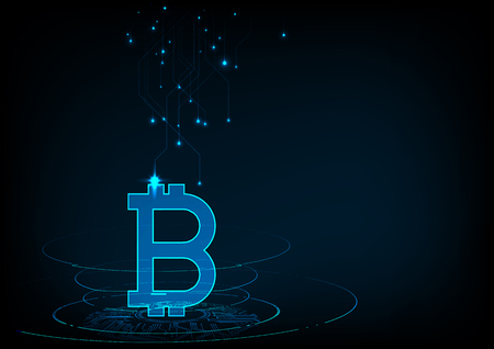 Abstract futuristic digital money with logo bitcoin digital currency on blue circuit board glowing electric lights background.Technology worldwide network concept.のイラスト素材