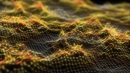 Abstract glowing virtual futuristic golden neural network background. Futuristic coding or...