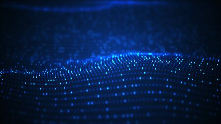 Technology binary data wave background concept.Beautiful motion waving dots texture with glowing defocused particles.Digital binary data technology background.の写真素材