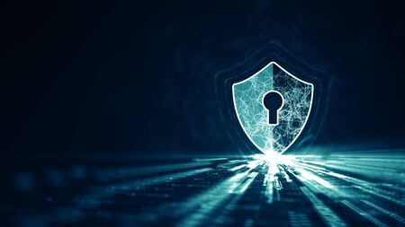 Cyber security concept. Shield With Keyhole icon on digital data background. Illustrates cyber data...